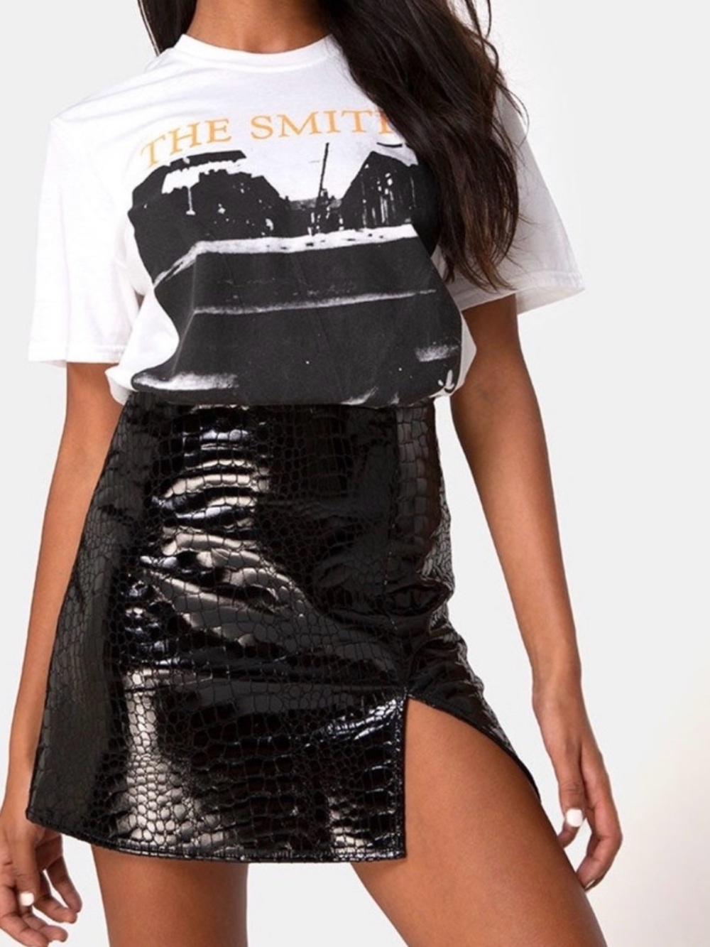 Motel Rocks Wren Mini Skirt In PU Croco Black